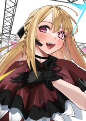 Rule 34 | 1girl, absurdres, black choker, black gloves, black ribbon, blonde hair, blush, capelet, choker, collared capelet, earpiece, gloves, hair between eyes, hair ribbon, hand on own chest, highres, hoshino ruby, idol, idol clothes, lewdrawings, looking at viewer, mismatched pupils, neck ribbon, no pupils, open mouth, oshi no ko, parted bangs, pink eyes, red capelet, ribbon, romaji text, shadow, sidelocks, simple background, solo, stage lights, star-shaped pupils, star (symbol), symbol-shaped pupils, teeth, truss, upper body, white background