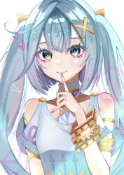 Rule 34 | 1girl, absurdres, aqua hair, bare shoulders, blue nails, clothing cutout, commentary request, dress, faruzan (genshin impact), genshin impact, green eyes, hair ornament, hand up, highres, k o m i, long hair, looking at viewer, nail polish, short sleeves, shoulder cutout, smile, solo, twintails, upper body, very long hair, white background, white dress, x hair ornament