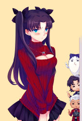 Rule 34 | 1girl, 3boys, archer (fate), black hair, black thighhighs, blood, blue eyes, blush, breasts, chibi, cleavage, cu chulainn (fate), cu chulainn (fate/stay night), fate/stay night, fate (series), ghost, hair ribbon, highres, jewelry, kotomine kirei, large breasts, meme attire, multiple boys, necklace, nosebleed, open-chest sweater, ribbon, sweater, thighhighs, thumbs up, tohsaka rin, two side up, yaoshi jun