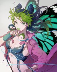 Rule 34 | 1girl, bracelet, breasts, butterfly wings, cleavage, coat, green eyes, green hair, green lips, green nails, hand on own hip, highres, honlo, insect wings, jacket, jewelry, jojo no kimyou na bouken, kuujou jolyne, lipstick, long hair, looking at viewer, makeup, medium breasts, multicolored hair, nail polish, open mouth, serious, signature, simple background, sleeveless, solo, standing, wings