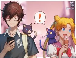 Rule 34 | !, 1boy, 1girl, amamiya ren, bag, bishoujo senshi sailor moon, black cat, black hair, blonde hair, blouse, blue eyes, blurry, brown eyes, casual, cat, cellphone, collarbone, commentary request, crescent, crescent facial mark, crossover, dated, depth of field, double bun, earrings, eyes visible through hair, facial mark, food, glasses, hair between eyes, hair bun, highres, holding, holding food, holding phone, ice cream cone, ikeda (cpt), jewelry, long hair, looking away, looking down, luna (sailor moon), morgana (persona 5), outside border, persona, persona 5, phone, reading, school uniform, serafuku, shirt, shoulder bag, sidelocks, smartphone, spoken exclamation mark, t-shirt, trait connection, tsukino usagi, twintails, white shirt