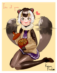 Rule 34 | + +, 1girl, :d, absolutemabbak, animal ears, blush, brown eyes, brown footwear, brown hair, brown pantyhose, character request, commentary, copyright name, drooling, english commentary, english text, fur collar, heart, kemono friends, kyuushuu flying squirrel (kemono friends), multicolored hair, necktie, nut (food), open mouth, pantyhose, pleated skirt, purple necktie, purple skirt, shoes, short hair, simple background, sitting, skirt, smile, solo, squirrel ears, squirrel tail, tail, tail wagging, teeth, upper teeth only, wariza, white hair, yellow background
