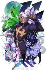 Rule 34 | 1boy, absurdres, belt, black footwear, c-moon (stand), cassock, cd, character name, clenched teeth, cloud, colored skin, crown, dark-skinned male, dark skin, enrico pucci, feather collar, feathers, full moon, grin, hand up, highres, holding, holding cd, holding reins, horse, jojo no kimyou na bouken, lightsource, long sleeves, made in heaven (stand), moon, red eyes, reins, sideburns, smile, spikes, stand (jojo), star (sky), stone ocean, teeth, white hair, whitesnake (stand)