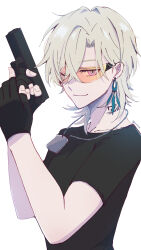 Rule 34 | 1boy, ;3, absurdres, artist name, aventurine (honkai: star rail), black gloves, black shirt, blonde hair, blue eyes, closed mouth, commentary request, crossed bangs, dog tags, earrings, eyelashes, fingerless gloves, gloves, gun, hair between eyes, handgun, hands up, highres, holding, holding gun, holding weapon, honkai: star rail, honkai (series), iv (iv xnxnx), jewelry, looking at viewer, looking to the side, making-of available, male focus, multicolored eyes, necklace, official alternate costume, one eye closed, orange-tinted eyewear, parted bangs, purple eyes, safety glasses, shirt, short hair, short sleeves, simple background, single earring, smile, solo, tinted eyewear, twitter username, upper body, weapon, white background