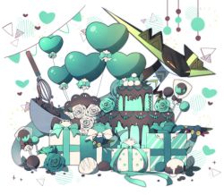 Rule 34 | aru (citrine drplt), bad id, bad twitter id, balloon, bow, box, commentary request, creatures (company), dragapult, dreepy, flower, game freak, gen 8 pokemon, gift, gift box, green bow, green flower, green ribbon, heart, highres, mixing bowl, nintendo, no humans, pokemon, pokemon (creature), ribbon, whisk