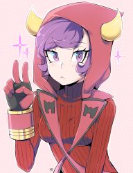 Rule 34 | 1girl, black gloves, bracer, courtney (pokemon), courtney (pokemon oras), creatures (company), dated, dotted background, game freak, gloves, highres, hood, looking at viewer, milk (4chan), milka (milk4ppl), nintendo, pokemon, pokemon oras, purple eyes, purple hair, ribbed sweater, solo, sweater, upper body, v