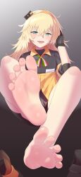 Rule 34 | 1girl, barefoot, black background, black gloves, black shorts, blonde hair, blush, breasts, collared shirt, commentary, commentary request, commission, crossed bangs, english commentary, fang, feet, foot focus, foot up, foreshortening, girls&#039; frontline, gloves, gradient background, green eyes, grey background, hair between eyes, hairband, knees up, legs, long hair, looking at viewer, maidforge, medium breasts, messy hair, mixed-language commentary, neck ribbon, open mouth, orange hairband, paid reward available, pixiv commission, pov, ribbon, s.a.t.8 (girls&#039; frontline), shirt, shoes, unworn shoes, short shorts, shorts, sidelocks, soles, solo, spread toes, toes