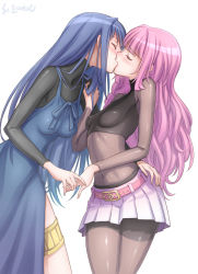 Rule 34 | 2girls, belt, bike shorts, black legwear, black shirt, black shorts, blue dress, blue hair, blush, bodystocking, breasts, commentary request, crop top, dress, closed eyes, hair down, holding hands, hand on another&#039;s ass, hand on another&#039;s shoulder, highres, kiss, leaning forward, long hair, magia record: mahou shoujo madoka magica gaiden, mahou shoujo madoka magica, midriff, miniskirt, multiple girls, nanami yachiyo, navel, pantyhose, pink hair, pink skirt, ribs, shirt, shorts, side slit, simple background, skinny, skirt, sleeveless, sleeveless shirt, small breasts, studiozombie, tamaki iroha, thighlet, thighs, very long hair, white background, yuri
