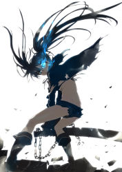 Rule 34 | 10s, 1girl, absurdres, aura, bikini, bikini top only, black hair, black rock shooter, black rock shooter (character), blue eyes, boots, chain, glowing, glowing eyes, highres, james hotate, kneepits, long hair, scar, shorts, solo, star (symbol), swimsuit, sword, torn clothes, twintails, very long hair, weapon