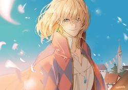 Rule 34 | 1boy, bad id, bad twitter id, blonde hair, blue eyes, building, cape, collared shirt, day, earrings, hair between eyes, highres, howl (howl no ugoku shiro), howl no ugoku shiro, jewelry, male focus, necklace, outdoors, petals, print cape, shirt, signature, sky, smile, solo, upper body, white shirt, yooroongoo