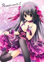 Rule 34 | 1girl, black hair, black thighhighs, blush, breasts, cleavage, dress, garter straps, hairband, highres, large breasts, long hair, looking at viewer, original, panties, purple dress, purple eyes, purple panties, shiramori yuse, sleeveless, sleeveless dress, solo, thighhighs, underwear