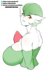 Rule 34 | 1girl, artist name, back, bare shoulders, breasts, creatures (company), game freak, gardevoir, gen 3 pokemon, green hair, highres, large breasts, looking back, mkonstantinov, nintendo, pokemon, pokemon (creature), short hair, simple background, smile, solo, upper body, white background, yellow eyes