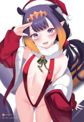Rule 34 | 1girl, blush, breasts, christmas, fang, fur-trimmed headwear, fur trim, hat, highres, hololive, hololive english, long hair, looking at viewer, navel, ninomae ina&#039;nis, oioi ainomo, open mouth, orange hair, pointy ears, red headwear, santa hat, skin fang, small breasts, smile, tentacle hair, tentacles, virtual youtuber