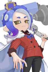 Rule 34 | 1girl, black pants, blue hair, buttons, cape, closed mouth, collared shirt, commentary request, crown, dynamo roller (splatoon), earrings, fur-trimmed cape, fur trim, gradient hair, highres, holding, holding weapon, jewelry, medium hair, multicolored hair, ni nait091, nintendo, octoling, octoling girl, octoling player character, pants, purple hair, red shirt, shirt, simple background, smile, solo, splatoon (series), splatoon 3, tentacle hair, weapon, white background, yellow eyes