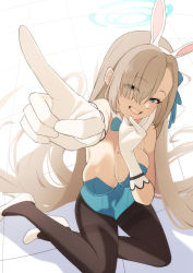Rule 34 | 1girl, afnroll, animal ears, aqua leotard, asuna (blue archive), asuna (bunny) (blue archive), bare shoulders, black pantyhose, blue archive, blue eyes, bow, bowtie, breasts, cleavage, clenched teeth, commentary request, covered navel, detached collar, eyelashes, eyes visible through hair, fake animal ears, forehead, gloves, hair over one eye, halo, high heels, highleg, highleg leotard, highres, index finger raised, large breasts, leotard, long hair, looking at viewer, mole, mole on breast, official alternate costume, open mouth, outstretched hand, pantyhose, platinum blonde hair, playboy bunny, sagging breasts, shadow, solo, strapless, strapless leotard, teeth, traditional bowtie, very long hair, white footwear, white gloves