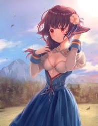 Rule 34 | 1girl, animal ears, arm up, bare shoulders, blue dress, blue sky, blush, breasts, brown hair, cat ears, cleavage, closed mouth, cloud, cowboy shot, day, detached collar, dress, expressionless, eyebrows, field, flower, forest, grass, hair flower, hair ornament, hand in own hair, juliet sleeves, long sleeves, looking afar, looking to the side, mountain, nature, nishizawa, off-shoulder dress, off shoulder, original, outdoors, puffy sleeves, red eyes, short hair, sky, sleeve cuffs, solo, tree, white flower