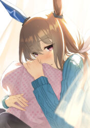 Rule 34 | 1girl, absurdres, admire vega (umamusume), animal ears, black pants, blue sweater, blurry, blurry foreground, blush, brown hair, curtains, highres, horse ears, long hair, long sleeves, looking at viewer, low ponytail, making-of available, hugging object, pants, pillow, pillow hug, pink eyes, sitting, solo, sweater, umamusume, umeumeduka