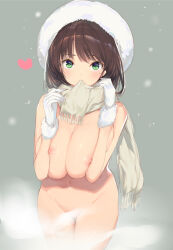 Rule 34 | 1girl, bad id, bad pixiv id, blush, breasts, brown hair, cleavage, gloves, green eyes, groin, hat, highres, large breasts, looking at viewer, mole, mole under eye, naked scarf, navel, nude, original, scarf, smile, solo, white gloves, yaegashi nan
