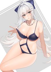 Rule 34 | 1girl, arm support, azur lane, bikini, bow, breasts, chichikoucha, cleavage, clothing cutout, flower, grey background, grey eyes, hair bow, hair flower, hair ornament, head tilt, highres, jewelry, lace, lace-trimmed swimsuit, lace trim, large breasts, lily (flower), long hair, looking at viewer, navel, navel cutout, necklace, o-ring, o-ring swimsuit, official alternate costume, ponytail, pulled by self, purple bikini, purple bow, simple background, sitting, solo, strap pull, swimsuit, thighs, two-tone background, very long hair, vittorio veneto (azur lane), vittorio veneto (the flower of la spezia) (azur lane), white background, white hair