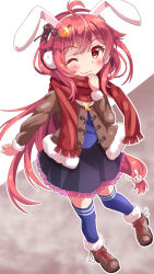 Rule 34 | 1girl, animal ears, black skirt, blue thighhighs, blush, boots, brown footwear, brown jacket, closed mouth, crescent, crescent hair ornament, earmuffs, fake animal ears, fringe trim, full body, hair ornament, jacket, kantai collection, long hair, long sleeves, one eye closed, open clothes, open jacket, pink hair, pleated skirt, rabbit ears, red eyes, red scarf, scarf, sills, skirt, smile, solo, thighhighs, uzuki (kancolle)