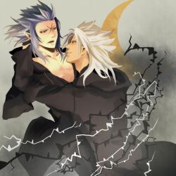 Rule 34 | 2boys, bishounen, black coat, black coat (kingdom hearts), black gloves, blue hair, coat, collarbone, commentary request, crescent, cross scar, facing to the side, furrowed brow, gloves, grey background, grey hair, grin, hand in another&#039;s hair, hand on another&#039;s arm, hand on another&#039;s head, hood, hooded coat, kingdom hearts, kingdom hearts ii, leaning back, long coat, looking at another, male focus, medium hair, minatoya mozuku, multiple boys, open mouth, organization xiii, partially unzipped, pectorals, pointy ears, saix, scar, scar on face, sidelocks, smile, spiked hair, upper body, xemnas, yaoi, yellow eyes