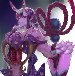 Rule 34 | 1girl, bad id, bad pixiv id, bare shoulders, eyeliner, fate/grand order, fate (series), headpiece, highres, horns, japanese clothes, leaning forward, looking at viewer, makeup, navel, oni, open mouth, purple eyes, purple hair, revealing clothes, short hair, shuten douji (fate), skin-covered horns, smile, solo, soonbu, teeth, thighhighs, thighs, translation request