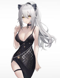 Rule 34 | 1girl, absurdres, animal ears, arknights, bare arms, bare shoulders, black choker, black dress, breasts, cat ears, choker, cleavage, commentary request, cowboy shot, dress, grey background, grey hair, hair between eyes, highres, large breasts, long hair, looking at viewer, schwarz (arknights), sleeveless, sleeveless dress, solo, spaghetti strap, standing, thigh strap, very long hair, yellow eyes, yuanqi (chriu)