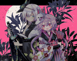 Rule 34 | 2girls, absurdres, black kimono, black shirt, breasts, closed mouth, colored eyelashes, crossed bangs, floral print, fox mask, green eyes, hair between eyes, hand fan, highres, holding, holding fan, holding sword, holding weapon, japanese clothes, kimono, long hair, long sleeves, mask, mask on head, multiple girls, open mouth, original, pink hair, red eyes, shirt, short hair, sleeveless, sleeveless shirt, small breasts, smile, sword, tan, twintails, usagi nui, weapon, white hair