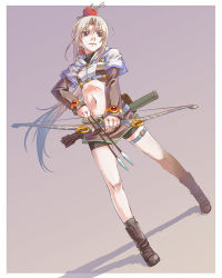 Rule 34 | 1girl, apple, arrow (projectile), belt, bike shorts, blonde hair, boots, bow (weapon), food, food as clothes, fruit, full body, hunter, hunter (ragnarok online), long hair, looking away, midriff, navel, nyaou, ponytail, ragnarok online, red eyes, serious, solo, standing, thigh strap, weapon, white hair