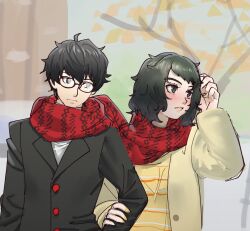 1boy 1girl amamiya_ren black_hair black_jacket blurry blurry_background blush brown_eyes grey_eyes hand_in_own_hair highres holding_another&#039;s_arm horizontal-striped_clothes jacket kawakami_sadayo outdoors persona persona_5 poechan_chan red_button red_scarf scarf shared_clothes shared_scarf shirt short_hair shy sideways_glance striped_clothes striped_shirt upper_body yellow_jacket yellow_shirt