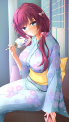 Rule 34 | 1girl, 1other, absurdres, alternate costume, aqua eyes, arm at side, blue kimono, blush, bow, braid, breasts, closed mouth, commentary request, commission, eyelashes, fingernails, floral print, hair between eyes, hair bow, hair ornament, hair scrunchie, hand fan, hand up, highres, holding, holding fan, holding hands, japanese clothes, kimono, large breasts, long hair, long sleeves, looking at viewer, low twintails, maniwa roka, mole, mole under eye, pink scrunchie, pinky out, print kimono, purple hair, reiji tsukimi, sash, scrunchie, senren banka, side braid, sitting, smile, solo focus, split mouth, tsurime, twintails, white bow, wide sleeves, yellow sash, yukata