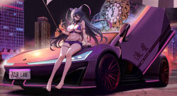 Rule 34 | 1girl, absurdres, arm strap, azur lane, bare legs, bare shoulders, barefoot, between breasts, bikini, black gloves, black hair, breasts, car, chi an (azur lane), cleavage, closed mouth, cone hair bun, crop top, feet, fingerless gloves, flag, framed breasts, full body, gac aion hyper ssr, gloves, hair between eyes, hair bun, highleg, highres, holding, holding flag, kcar66t, large breasts, long hair, looking at viewer, micro shorts, midriff, motor vehicle, multi-strapped bikini bottom, navel, necktie, necktie between breasts, outdoors, purple bikini, purple eyes, purple shorts, race queen, real world location, short necktie, short shorts, shorts, sitting, sitting on car, skindentation, sleeveless, smile, solo, sports car, stomach, string bikini, swimsuit, thigh strap, thighs, toes, very long hair, wing collar
