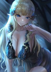 Rule 34 | 1girl, absurdres, blonde hair, blue eyes, blush, breasts, cleavage, collarbone, elf, hanging breasts, highres, large breasts, lingerie, negligee, pointy ears, princess connect!, saren (princess connect!), smile, solo, sweat, torishu (kumataka 4867), underwear