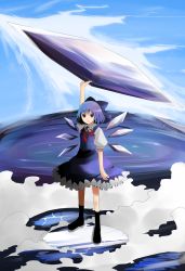 Rule 34 | 1girl, arano oki, blue eyes, blue hair, bow, cirno, detached wings, hair bow, hoshi no samidare, ice, ice wings, matching hair/eyes, open mouth, puffy sleeves, short hair, short sleeves, solo, standing, touhou, wings