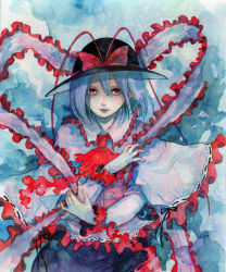Rule 34 | 1girl, ascot, bad id, bad pixiv id, blue background, bow, capelet, empty eyes, female focus, frills, hair between eyes, hat, hat bow, lips, long sleeves, looking at viewer, nagae iku, painting (medium), parted lips, pinkxxxna, purple hair, red eyes, shawl, short hair, solo, touhou, traditional media, watercolor (medium)
