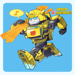 Rule 34 | 1boy, autobot, blue eyes, border, bumblebee, character name, clenched hand, holding, horns, mecha, musical note, robot, running, science fiction, smile, solo, spoken musical note, sunafuki tabito, transformers, white border