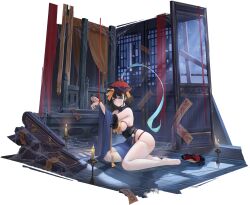 Rule 34 | 1girl, azur lane, bare shoulders, black hair, blue eyes, blush, breasts, candle, candlestand, china dress, chinese clothes, dress, fire, full body, hat, high heels, highres, hwah jah (azur lane), hwah jah (the festive undead) (azur lane), indoors, jiangshi, looking at viewer, medium breasts, multicolored hair, official art, ofuda, rope, short hair, simple background, sitting, sleeveless, solo, thighhighs, thighs, two-tone hair, white hair
