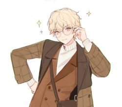 Rule 34 | 1boy, bag, blonde hair, closed mouth, coat, commentary request, glasses, hair between eyes, korean commentary, long sleeves, male focus, orange eyes, pj0p0, project sekai, short hair, simple background, solo, star (symbol), sweater, tenma tsukasa, turtleneck, turtleneck sweater, wavy hair, white background