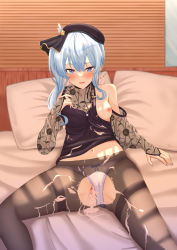 Rule 34 | 1girl, absurdres, after vaginal, aftersex, beret, black gloves, black hat, black legwear, black shirt, blue eyes, blue hair, blue nails, blush, breasts, censored, collarbone, cum, cum in pussy, cum on clothes, cumdrip, elbow gloves, female focus, gloves, hair between eyes, hat, highres, hololive, hoshimachi suisei, hss sub, huge filesize, long sleeves, looking at viewer, medium hair, mosaic censoring, nail polish, navel, nipples, one breast out, open mouth, panties, panties around leg, pussy, see-through, shirt, side ponytail, sidelocks, solo, spread legs, star (symbol), star in eye, symbol in eye, torn clothes, torn legwear, underwear, virtual youtuber, white panties
