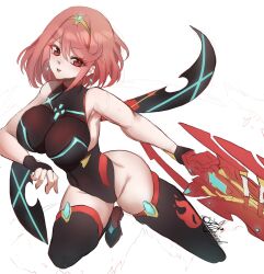 Rule 34 | 1girl, absurdres, aegis sword (xenoblade), breasts, core crystal (xenoblade), fingerless gloves, gloves, highres, holding, holding sword, holding weapon, klopsiak, large breasts, leotard, looking at viewer, pyra (xenoblade), red eyes, red hair, short hair, sketch, smile, solo, sword, tiara, weapon, xenoblade chronicles (series), xenoblade chronicles 2