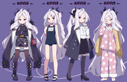 Rule 34 | 1girl, absurdres, blue archive, coat, coat on shoulders, covered navel, crossed arms, curled horns, embarrassed, expressionless, grey hair, hair ornament, hairpin, halo, highres, hina (blue archive), hina (pajamas) (blue archive), hina (swimsuit) (blue archive), horns, long hair, looking at viewer, multiple horns, multiple persona, name tag, no wings, official alternate costume, pajamas, polka dot, polka dot pajamas, purple background, red eyes, sandals, school swimsuit, simple background, sleepy, smile, swimsuit, thighhighs, uhouhogorigori, uniform, very long hair