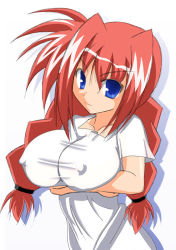 Rule 34 | 00s, 1girl, aged up, alternate breast size, blue eyes, braid, breast hold, breasts, covered erect nipples, crossed arms, dress, from side, huge breasts, large breasts, light smile, long hair, looking at viewer, lyrical nanoha, mahou shoujo lyrical nanoha, mahou shoujo lyrical nanoha a&#039;s, no bra, red hair, scrunchie, shadow, shirt, short sleeves, simple background, sketch, smile, solo, t-shirt, taut clothes, taut dress, twin braids, upper body, vita (nanoha), white background, white dress