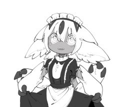 Rule 34 | 1girl, alternate costume, animal ears, apron, blush, body fur, buttons, chinese commentary, claws, commentary request, cowboy shot, dark-skinned female, dark skin, enmaided, extra arms, faputa, fewer digits, flat color, frilled shirt collar, frills, funeralll black, greyscale, hair between eyes, hatching (texture), highres, looking at viewer, made in abyss, maid, maid headdress, medium hair, monochrome, open mouth, sharp teeth, short sleeves, simple background, sketch, skirt hold, solo, teeth, waist apron