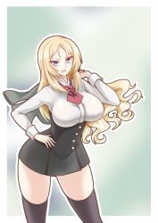 Rule 34 | 1girl, black thighhighs, blonde hair, blue eyes, breasts, commentary request, contrapposto, cowboy shot, dress shirt, flower, hand on own hip, highres, jacket, unworn jacket, kantai collection, large breasts, long hair, long sleeves, looking at viewer, nelson (kancolle), pencil skirt, red flower, red neckwear, red rose, rose, shirt, skirt, solo, suke (share koube), thighhighs