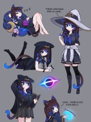 Rule 34 | 1girl, animal ears, animal hood, bags under eyes, barefoot, black dress, black footwear, black hole, black skirt, black thighhighs, blue eyes, blue hair, blue ribbon, book, boots, breasts, brown hair, character doll, commentary, doll, dress, english text, closed eyes, gradient hair, grey background, hat, highres, holding, holding book, hood, magic, multicolored hair, multiple views, open book, original, pillow, ribbon, short sleeves, simple background, skirt, sleeping, solo, squeaky (artist), tail, thighhighs, uniform, witch, witch hat