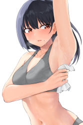 Rule 34 | 1girl, absurdres, arm up, armpits, black hair, blush, bra, breath, collarbone, grey bra, grey panties, highres, long hair, looking back, m kong, mole, mole under mouth, navel, original, panties, parted lips, presenting armpit, red eyes, simple background, solo, stomach, sweat, underwear, underwear only, white background, wiping sweat