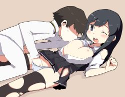 Rule 34 | 1boy, 1girl, asashio (kancolle), black hair, black skirt, blush, blush stickers, breasts, dokan (dkn), fingering, hand in panties, hetero, kantai collection, long hair, lying, nipples, on back, one eye closed, open mouth, panties, sidelocks, skirt, small breasts, thighhighs, torn clothes, underwear, white panties