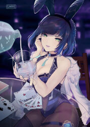 Rule 34 | 1girl, absurdres, adapted costume, animal ears, bare shoulders, black pantyhose, blue hair, braid, breasts, card, ciarre, cleavage, commentary request, cup, cupping glass, fake animal ears, genshin impact, green eyes, highres, holding, holding cup, large breasts, leotard, looking at viewer, pantyhose, purple lips, rabbit ears, short hair, solo, thigh strap, yelan (genshin impact)