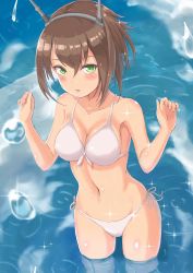 Rule 34 | 10s, 1girl, absurdres, bikini, blush, breasts, brown hair, cleavage, collarbone, green eyes, hairband, highres, kantai collection, looking at viewer, monoku, mutsu (kancolle), navel, open mouth, reflection, short hair, side-tie bikini bottom, solo, sparkle, stomach, swimsuit, wading, water, white bikini