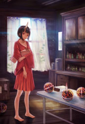 Rule 34 | 1girl, absurdres, ball, barefoot, black hair, blunt bangs, blunt ends, curtains, dress, frown, highres, holding own arm, horns, indoors, japanese clothes, kimono, kitchen, kuronouka, light particles, light rays, obi, oni, original, parted bangs, pleated dress, red eyes, sash, short eyebrows, short hair, single horn, solo, table, temari ball, thick eyebrows, wide sleeves, window